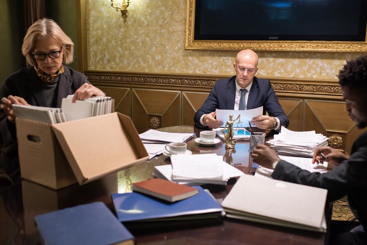 Foto três advogados contemporâneos trabalhando com papéis à mesa