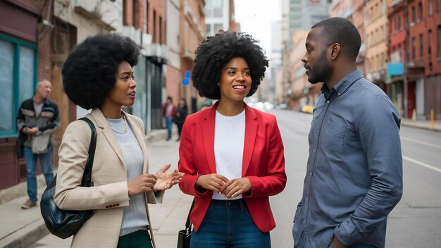 Foto três afro-americanos a falar na rua.