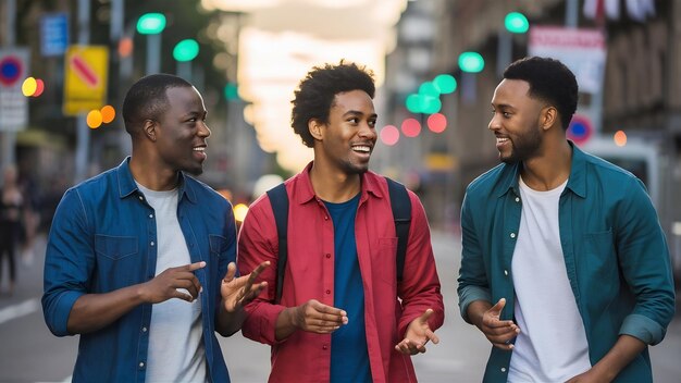 Foto três afro-americanos a falar na rua.