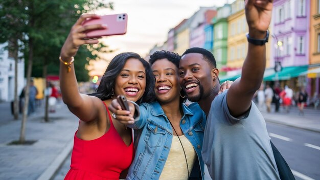 Foto três afro-americanos a fazer selfie.