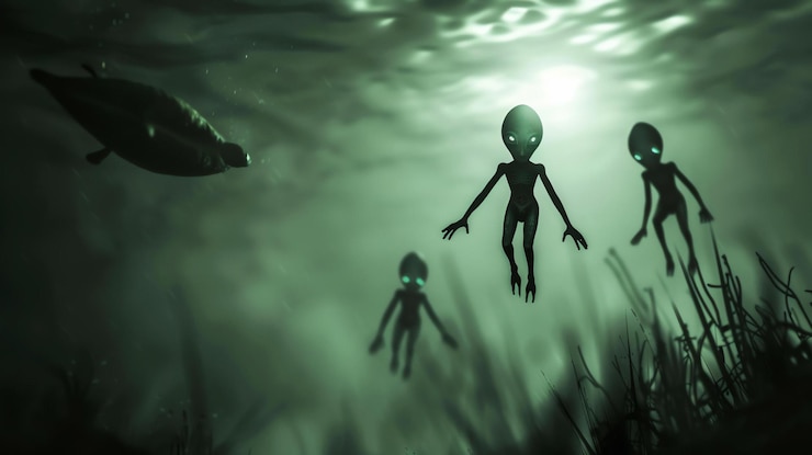 Foto três alienígenas nadam num ambiente submarino verde e sombrio.