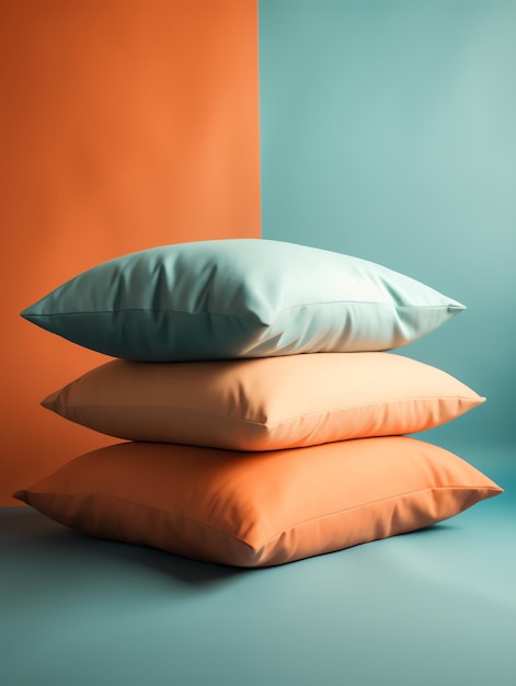 Tres almohadas apiladas una encima de la otra, una de las cuales es naranja y azul.