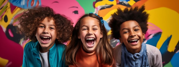Foto três alunos sorridentes em uma parede multicoloridacriado com tecnologia generative ai