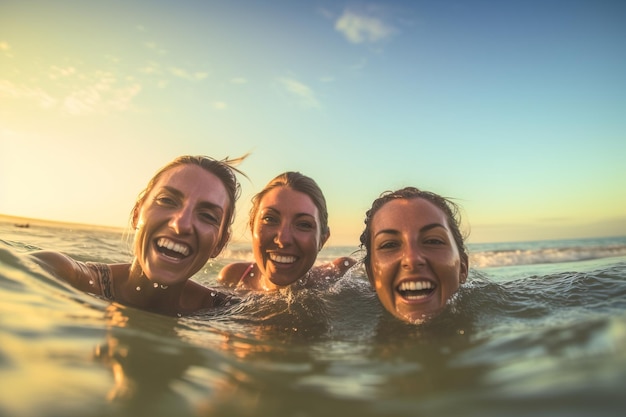 Três amigas alegremente banhando-se no mar sorrindo para a câmera