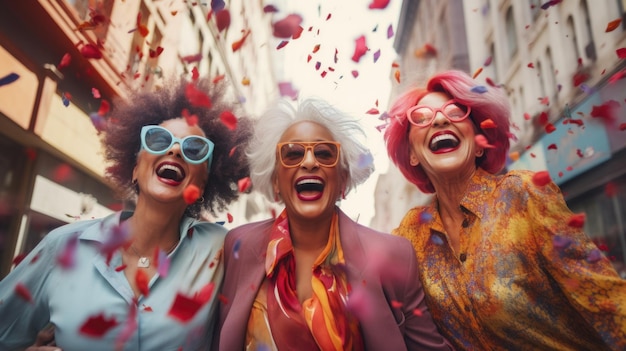 Tres amigas ancianas divertidas se ríen felices mientras se abrazan en una calle de la ciudad