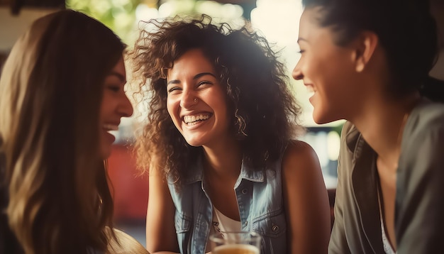 Três amigas em um café falando e rindo 8 de março Dia Mundial da Mulher