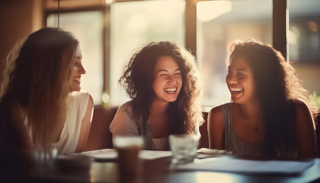 Três amigas em um café falando e rindo 8 de março Dia Mundial da Mulher