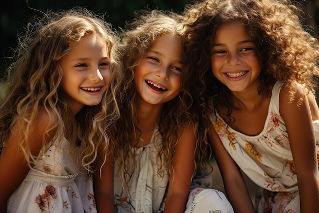 Tres amigas felices de unos 10 años divirtiéndose en el parque