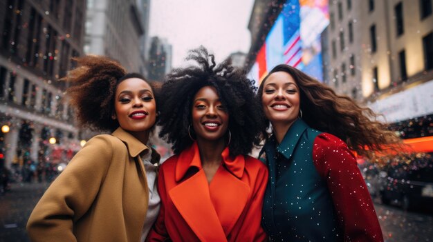 Tres amigas riendo felices mientras se abrazan en una calle de la ciudad