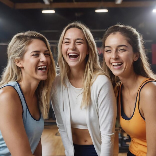 Três amigas rindo felizmente em um estúdio de esportes