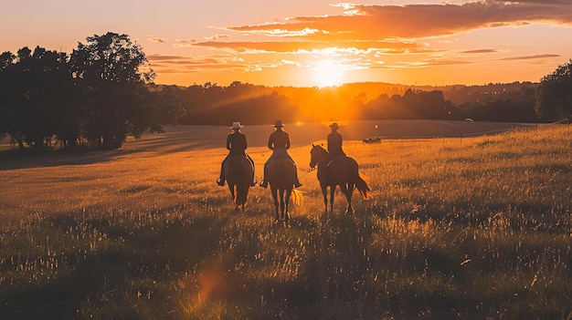 Três amigos a cavalo a cavalgar para o pôr-do-sol