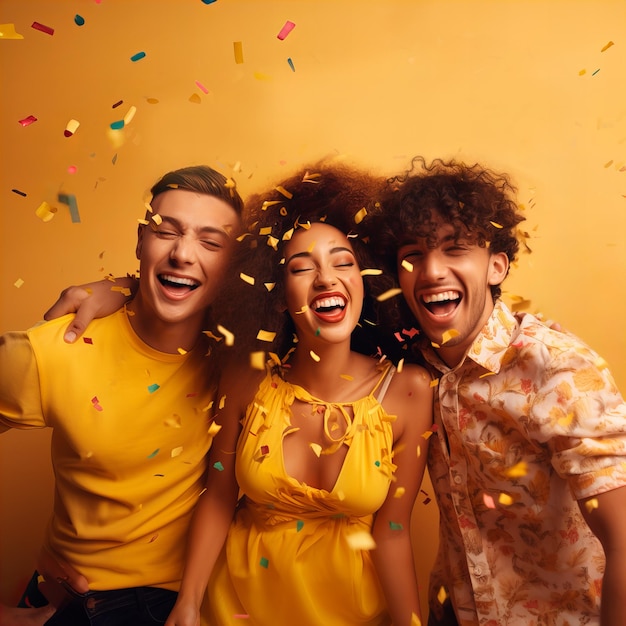 Foto três amigos a divertirem-se numa festa de carnaval.