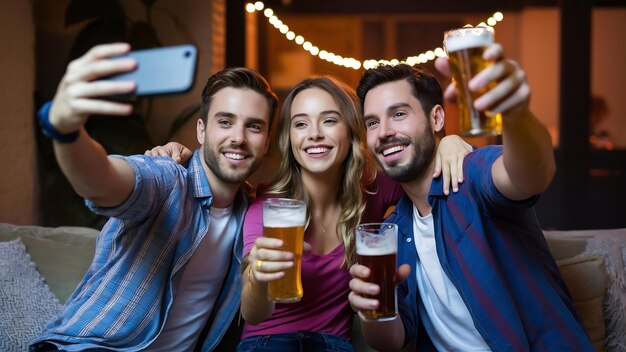 Foto três amigos a tirar uma selfie com cerveja.