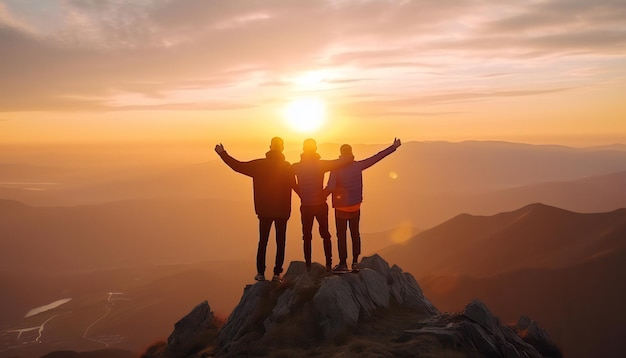 Tres amigos celebrando el éxito en la cima de una montaña generativa ai