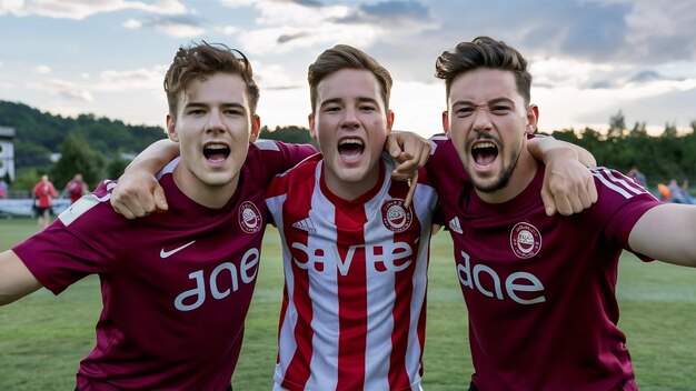 Tres amigos celebrando y gritando que su equipo de fútbol marcó un gol