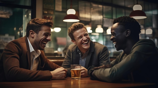 Tres amigos charlando en un café sonriendo