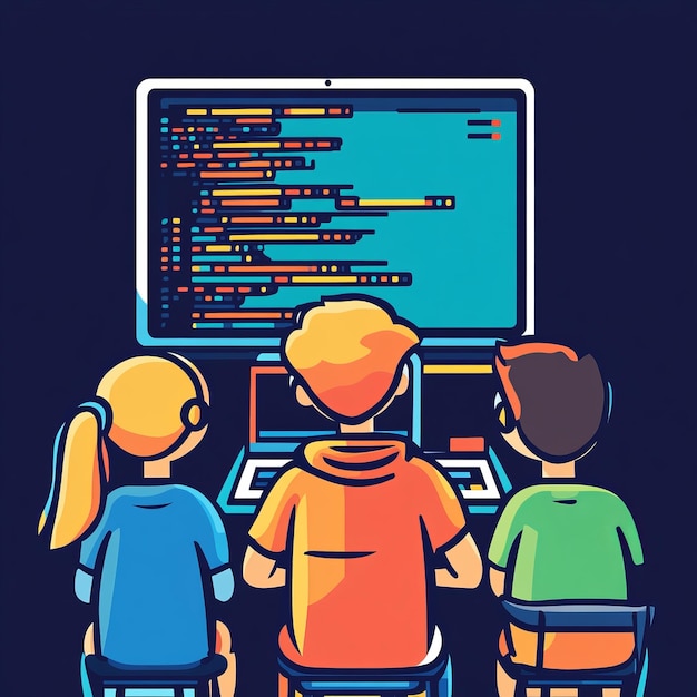 Tres amigos colaboran en un proyecto de codificación trabajando juntos en una computadora de escritorio con código en la pantalla
