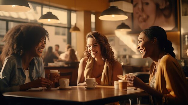 Três amigos conversando em um café sorrindo