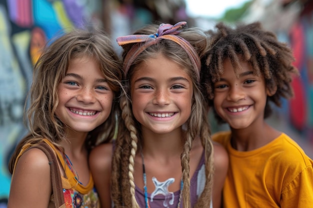 Três amigos de roupas coloridas se divertindo em férias de verão lá fora