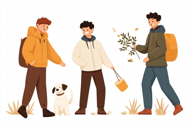 Tres amigos disfrutando de una caminata de otoño con su perro