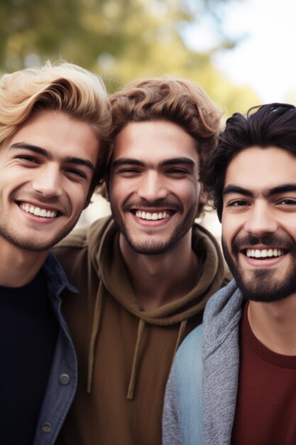 Três amigos do sexo masculino sorrindo para a câmera seguidos criados com IA generativa