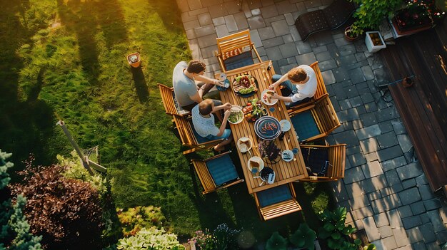 Tres amigos están haciendo una barbacoa en el patio trasero están asando carne y verduras y disfrutando del clima de verano