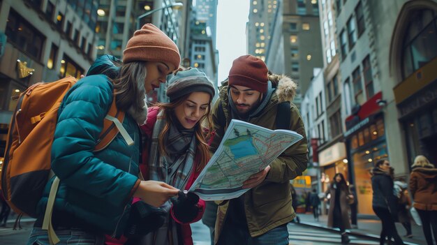 Tres amigos están mirando un mapa en una ciudad todos llevan ropa de invierno y parecen estar disfrutando de su tiempo juntos