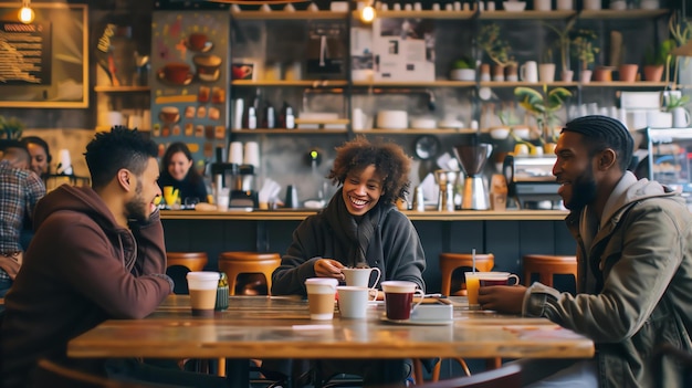 Foto tres amigos están sentados en una mesa en una cafetería hablando y riendo