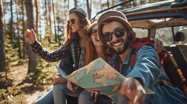 Tres amigos están sentados en la parte trasera de un coche mirando un mapa y sonriendo todos llevan ropa casual y gafas de sol