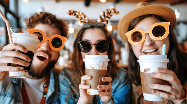 Três amigos estão a divertir-se num café. Todos estão a usar óculos de sol e a sorrir.