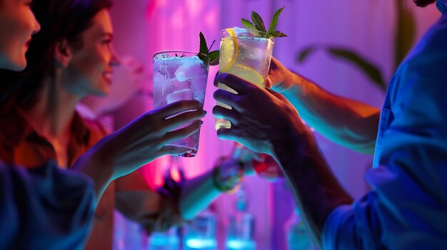 Três amigos estão brindando com suas bebidas na mão durante uma festa enquanto o barman AI gerador