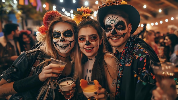 Três amigos estão celebrando o Dia dos Mortos, vestindo trajes tradicionais mexicanos e pintando o rosto.