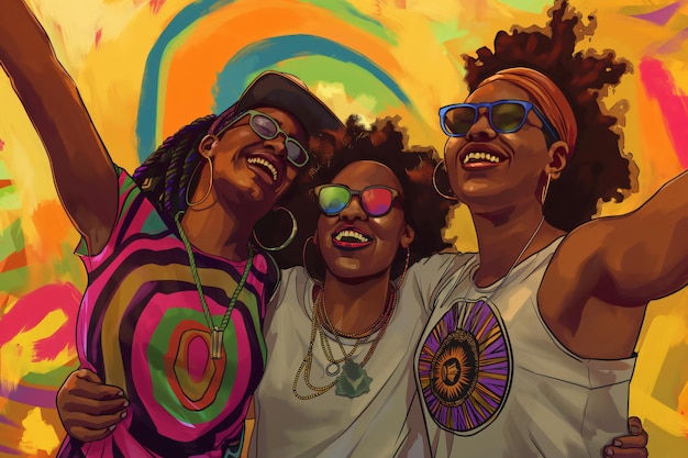 Três amigos estão comemorando Juneteenth abraçando e tirando uma selfie juntos com um fundo colorido