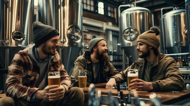 Três amigos estão sentados numa cervejaria, a beber cerveja e a falar, estão todos vestidos de forma casual e parecem felizes por estarem juntos.