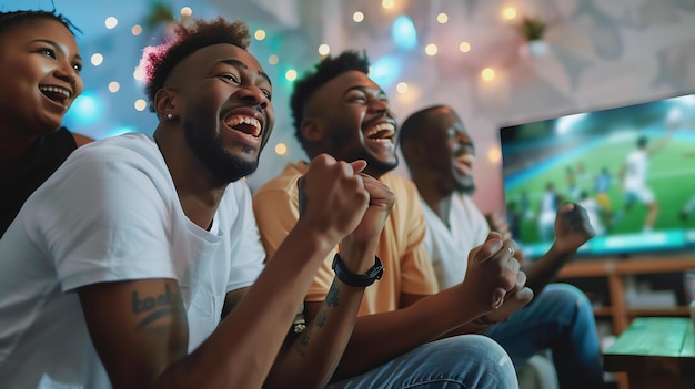 Foto três amigos estão vendo uma partida de futebol na tv. todos estão entusiasmados e torcendo por sua equipe.