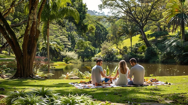 Foto três amigos fazendo um piquenique em um belo parque eles estão sentados em um cobertor comendo e bebendo vinho