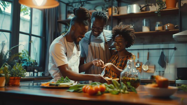 Tres amigos felices cocinando juntos en una cocina se están riendo y sonriendo mientras preparan una comida