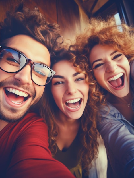 Foto tres amigos felices divirtiéndose juntos