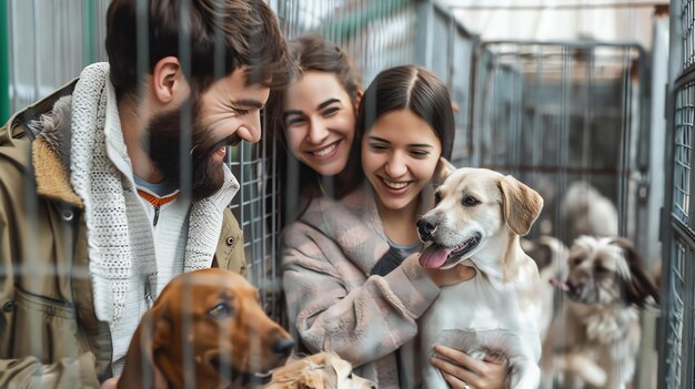 Três amigos felizes no abrigo de animais para adotar um cão os amigos estão sorrindo e rindo enquanto acariciam os cães