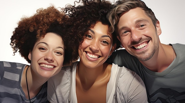 Foto três amigos felizes nos seus trinta anos a tirar uma selfie.