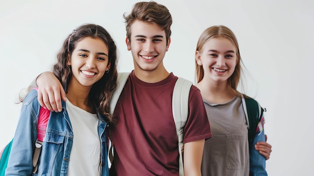 Foto três amigos felizes posando para uma foto a menina à esquerda está vestindo uma camisa azul e uma jaqueta de jeans