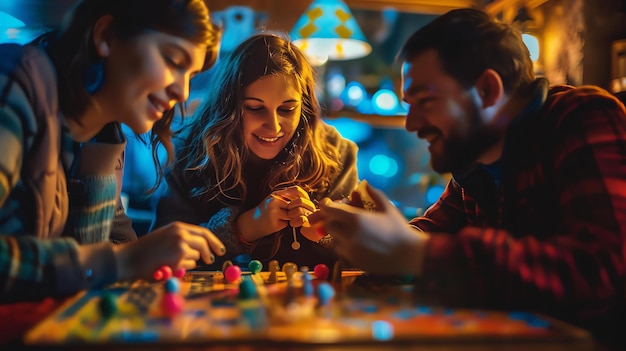 Tres amigos jóvenes están sentados alrededor de una mesa en una habitación débilmente iluminada jugando un juego de mesa