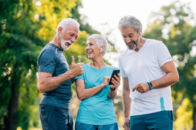 Tres amigos mayores usando el teléfono inteligente después de correr en el parque público