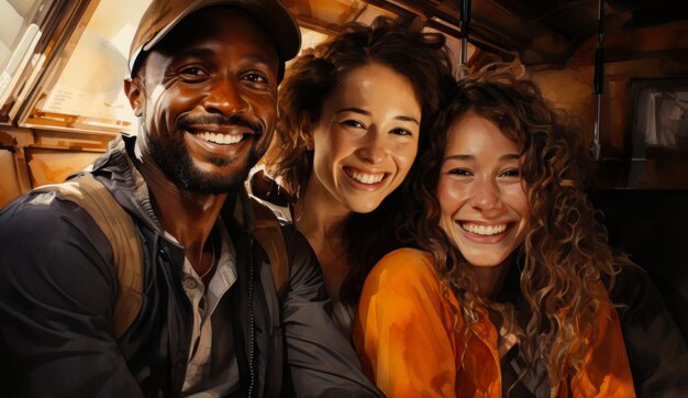 Tres amigos sonriendo en el coche