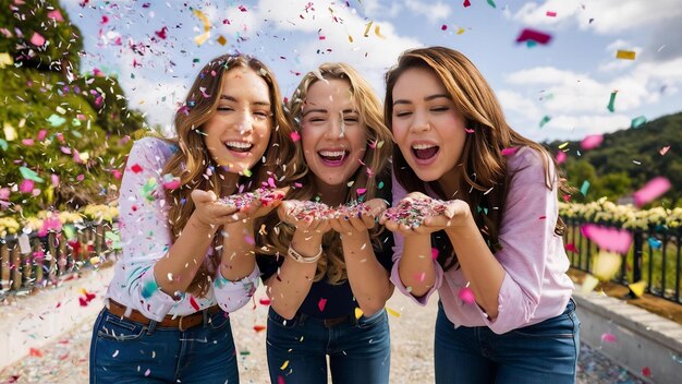 Foto tres amigos soplando un poco de confeti