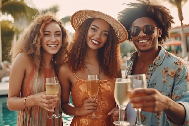 Foto tres amigos tomando bebidas en una fiesta