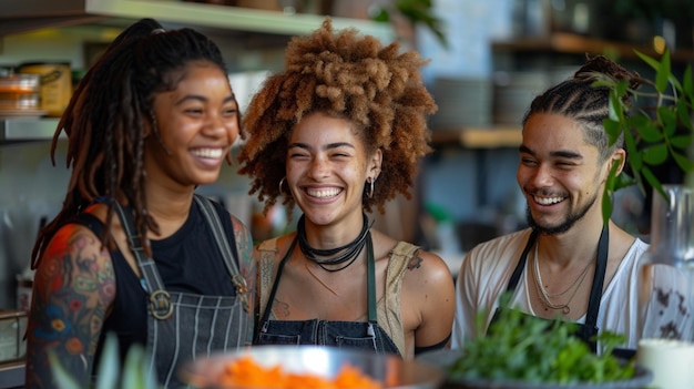 Tres amigos veganos africanos están sonriendo y riendo mientras preparan comida en una cocina