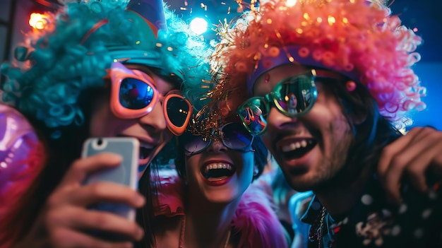 Três amigos vestindo chapéus de festa coloridos e óculos de sol tiram uma selfie juntos em uma festa. Todos estão sorrindo e rindo e se divertindo muito.