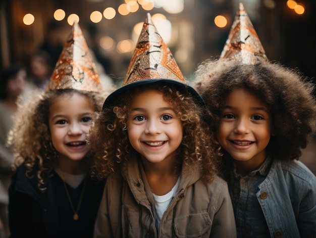 três amiguinhos usando chapéus de festa em uma festa de ano novo em casa