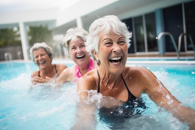 Tres ancianas divirtiéndose en una piscina